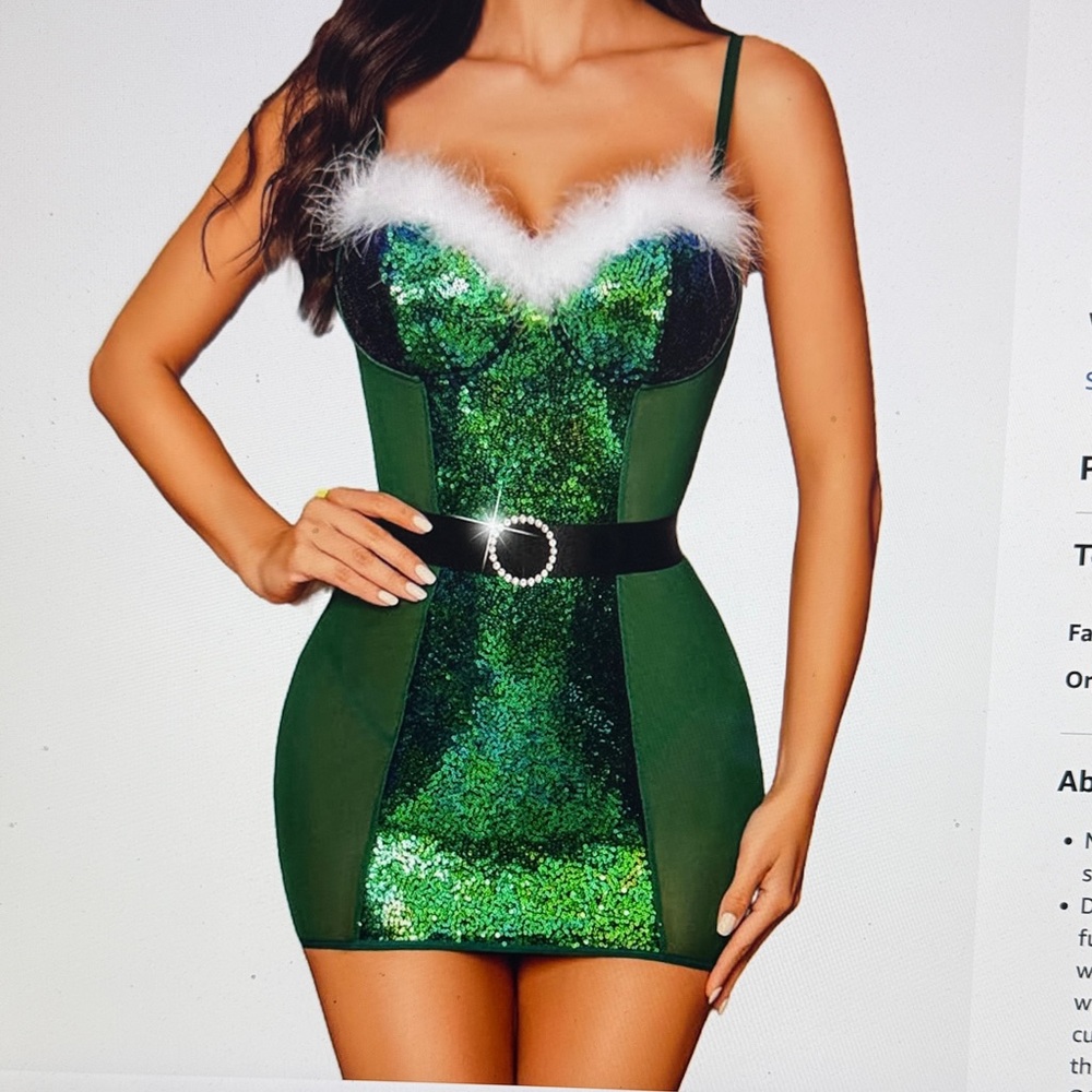 Green Sequin Holiday Mini Dress with Feather Trim